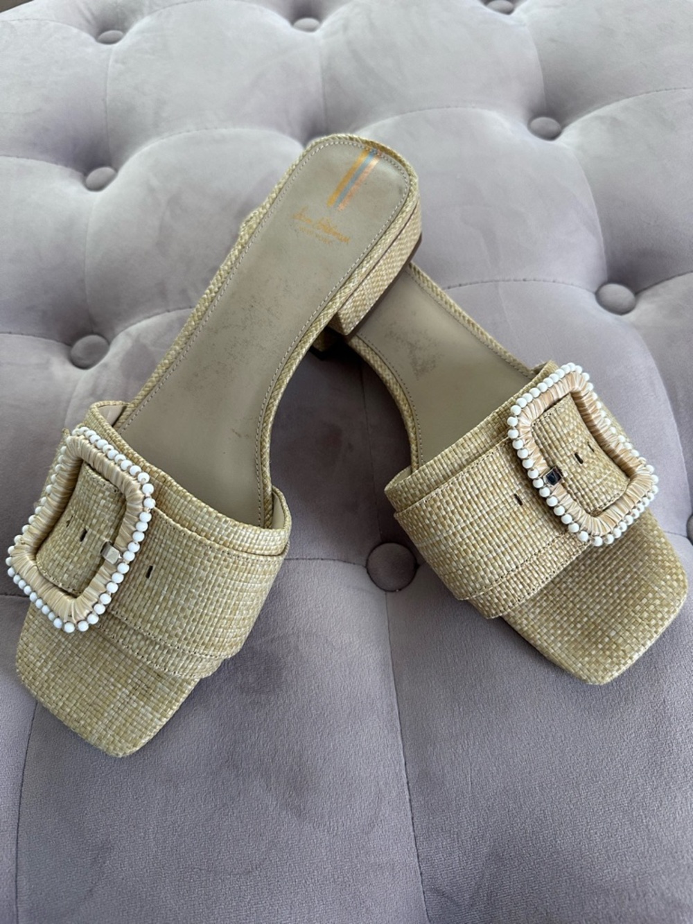 Sam Edelman Natural Raffia Slide Sandals with Beaded Buckle